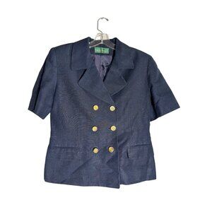 Harvé Benard Womens Navy Double-Breasted Short-Sleeve Blazer, Gold Buttons  sz M